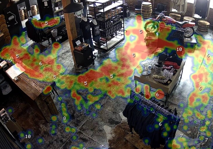 A shop floor seen from a CCTV camera, overlaid with a Glimpse dwell heatmap: red where shoppers stop longest, blue where they pass straight through